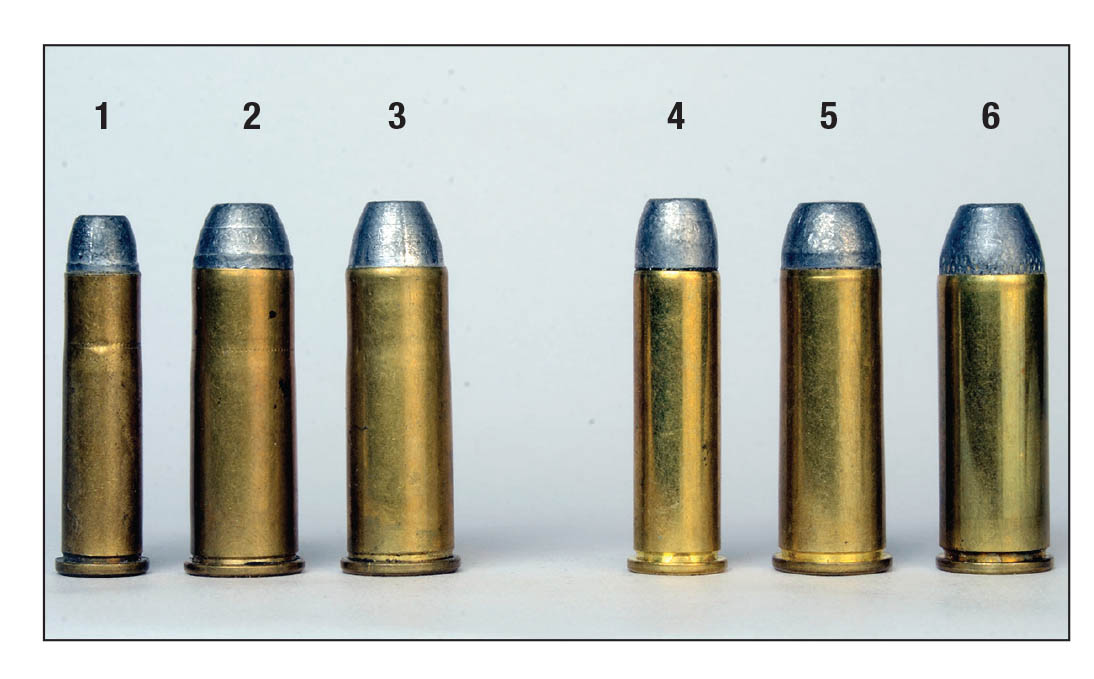 Three cartridges chambered for the original Model 1873 SRCs between1873 and 1923 include the (1) .32 WCF, (2) .38 WCF and (3) .44 WCF. Three cartridges for the new ’73s include the (4) .357 Magnum, (5) .44 WCF (.44-40) and the (6) .45 Colt.